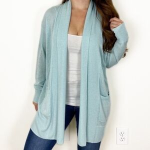 TALBOTS Linen Open Front Baby Blue Long Length Pocket Cardigan Sweater Medium